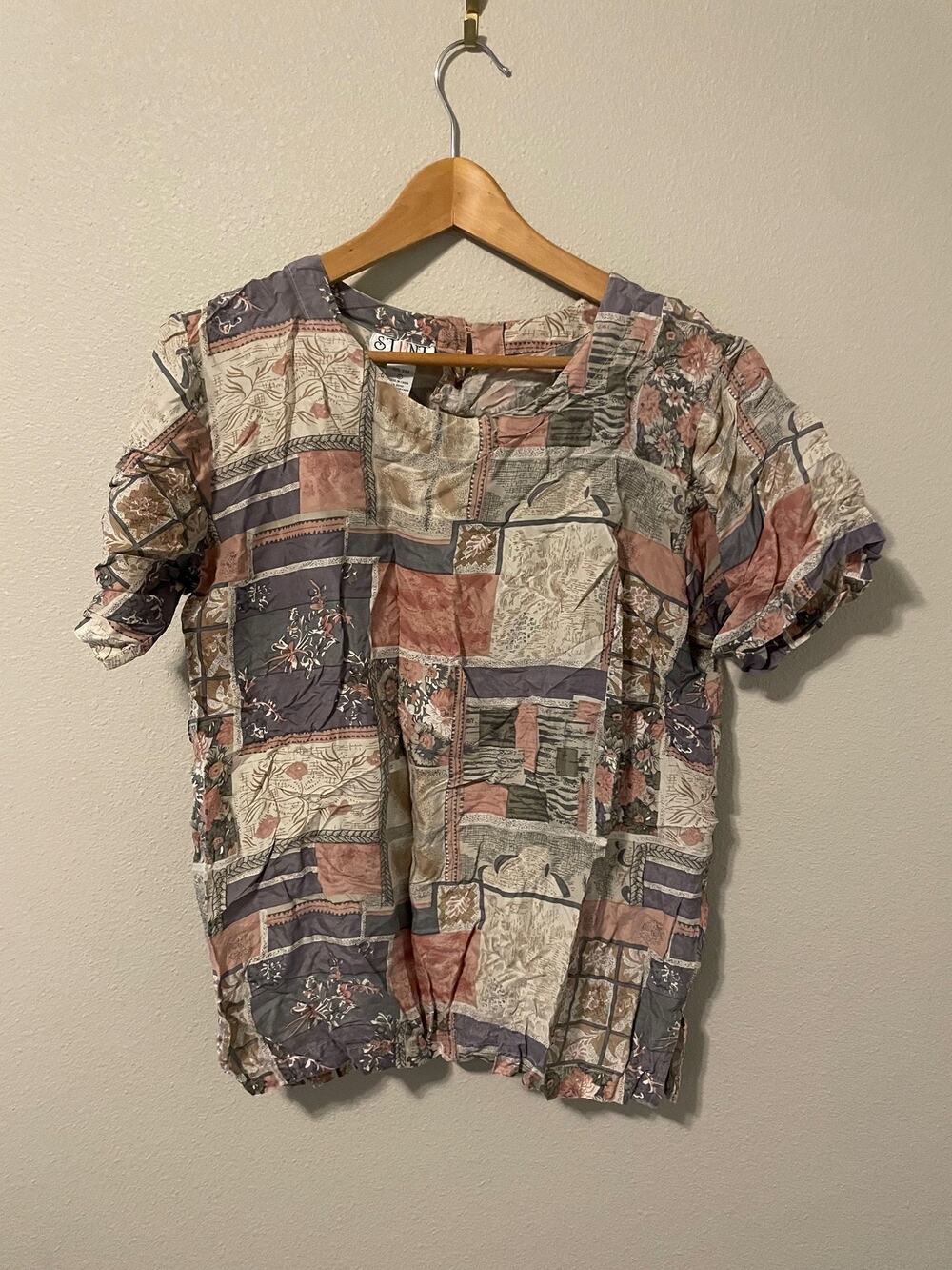 Vintage Womens Top Large Multicolor Silk Satin Patchwork Floral Cottagecore 90s